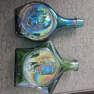 Iridescent Glass Art Bottles with Historical Figures